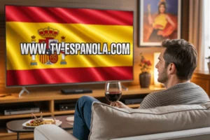 Man watching IPTV with the Spanish flag on TV and www.tv-espanola.com displayed