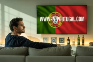 Man watching TV with Portugal flag on screen showing www.tv-portugal.com