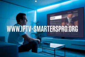 Man watching IPTV dashboard with blue ambiance and www.iptv-smarterspro.org in bold text