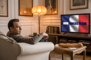 A man watching TV with the French flag on screen and www.francais-tv.com in bold