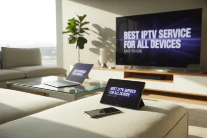 Living room with Smart TV, tablet, phone, and laptop all showing IPTV interface, with text 'Best IPTV Service for All Devices – Easy to Use'