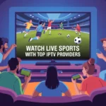 Group watching live football with IPTV on Smart TV — “Watch Live Sports with Top IPTV Providers” title on screen