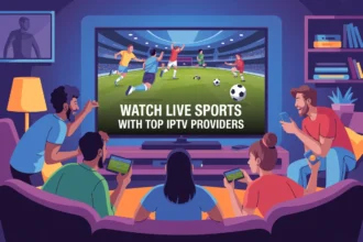 Group watching live football with IPTV on Smart TV — “Watch Live Sports with Top IPTV Providers” title on screen
