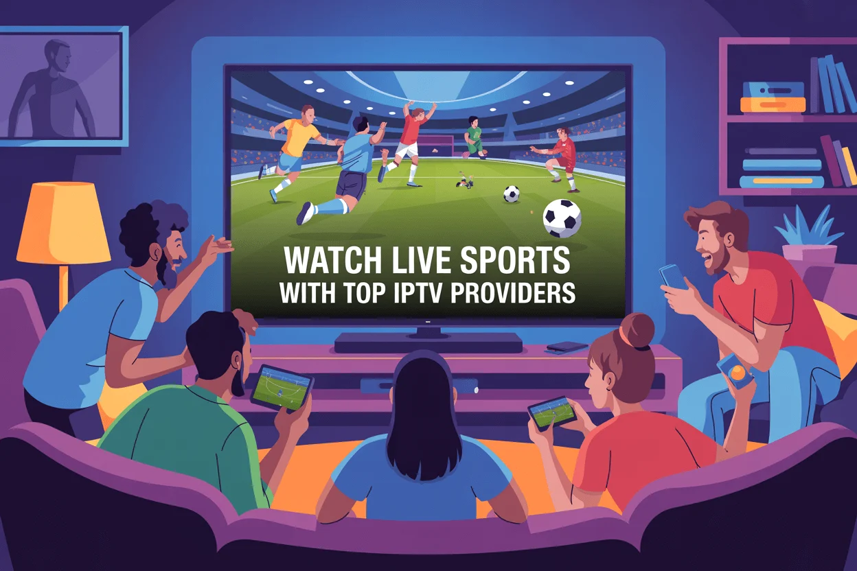 Group watching live football with IPTV on Smart TV — “Watch Live Sports with Top IPTV Providers” title on screen