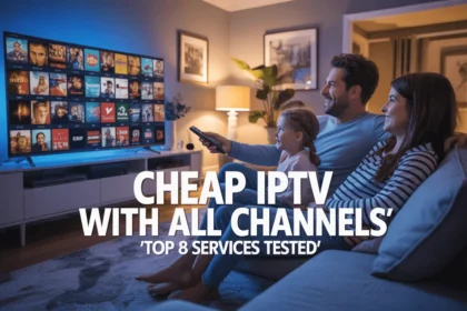 Person watching TV in a modern living room showing a grid of channels with bold text 'Cheap IPTV with All Channels | Top 8 Services Tested'