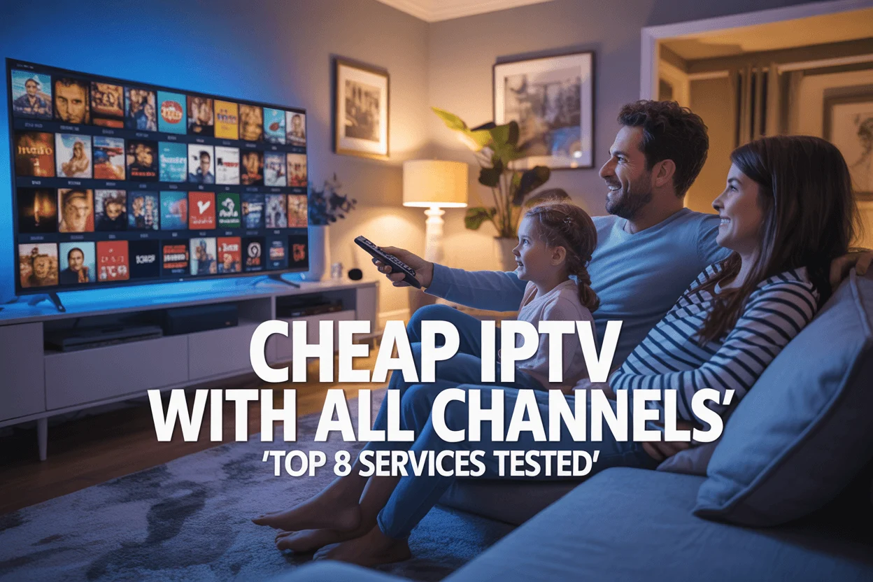 Person watching TV in a modern living room showing a grid of channels with bold text 'Cheap IPTV with All Channels | Top 8 Services Tested'