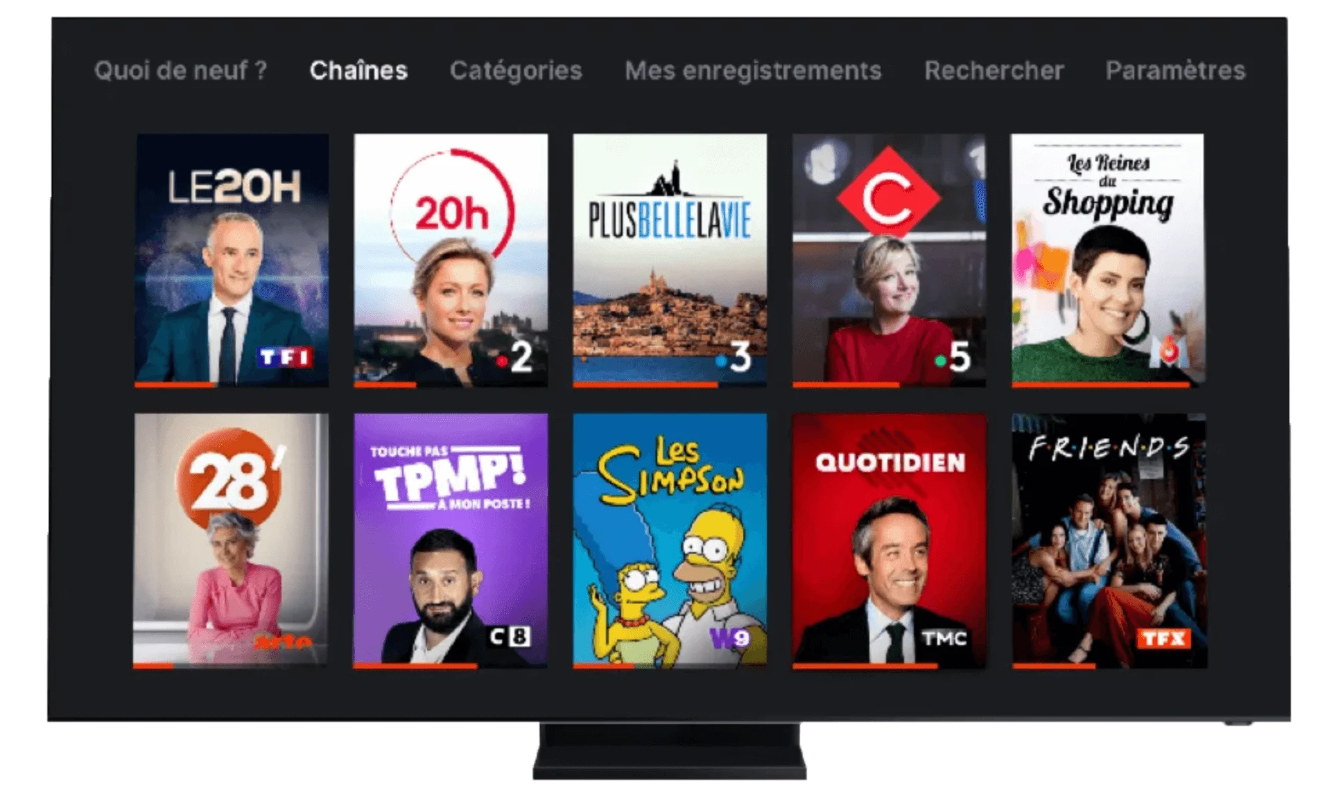 Écran d’accueil de Molotov TV avec chaînes françaises